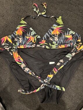 Kona Sol Black Tropical Floral Two-Piece Bikini